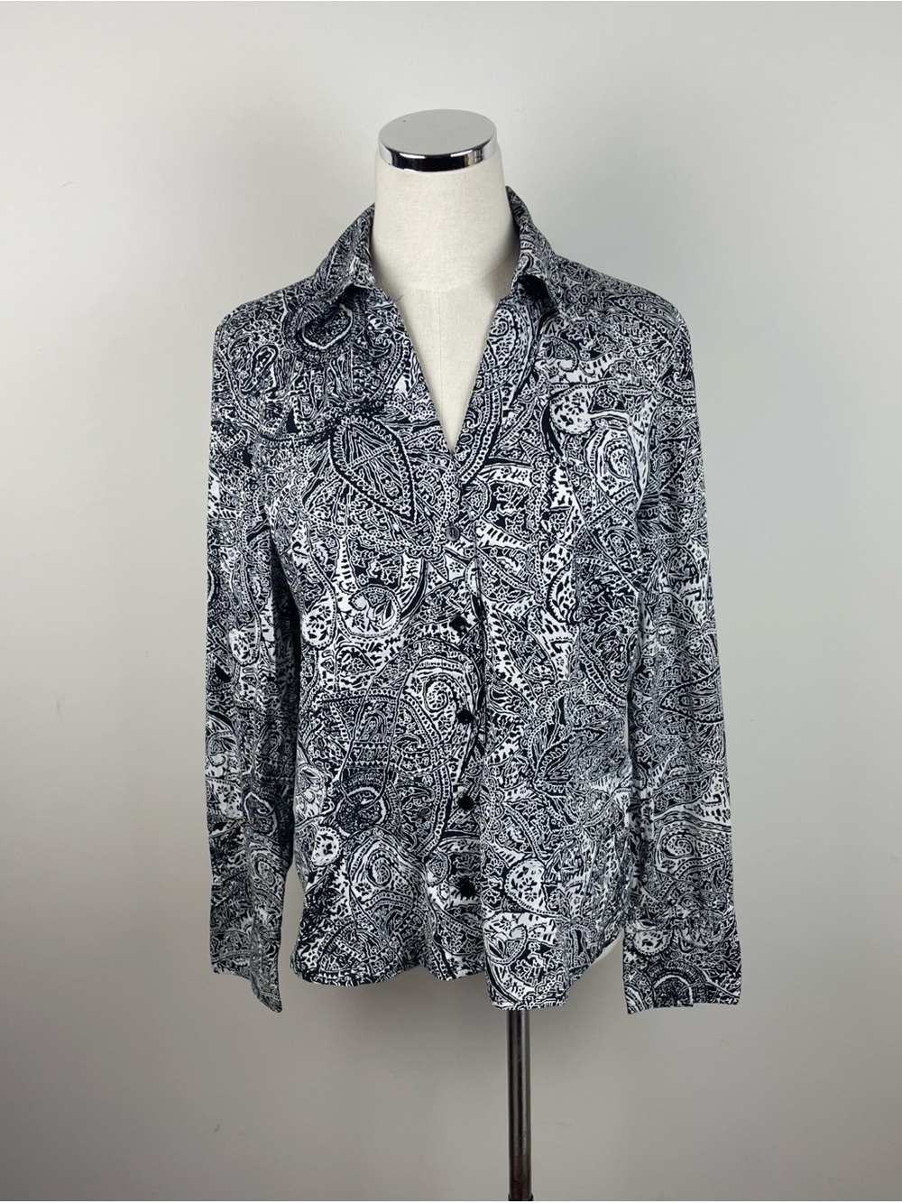 Alfani Black White Paisley Collared Long Sleeve Button Down Top Women Size 14